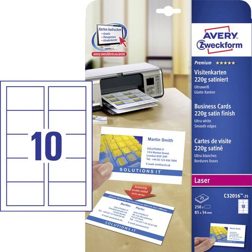 Avery-Zweckform C32016-25 Bedruckbare Visitenkarten, glatte Kanten 85 x 54mm Weiß 250 St. Papierfor von Avery-Zweckform