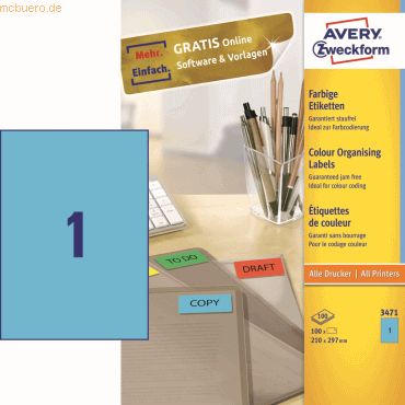 Avery Zweckform Etiketten 210x297mm blau VE=100 Stück Avery Zweckform Etiketten 210x297mm blau VE=100 Stück von Avery Zweckform