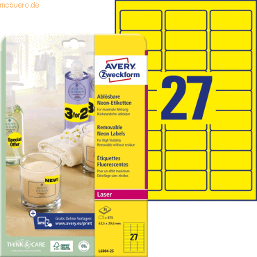 Avery Zweckform Etiketten 63,5x29,6mm neongelb VE=675 Stück Avery Zweckform Etiketten 63,5x29,6mm neongelb VE=675 Stück von Avery Zweckform
