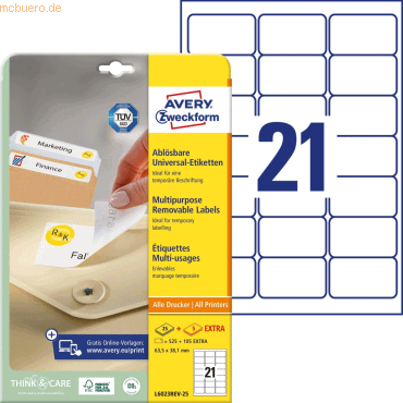 Avery Zweckform Etiketten Inkjet/Laser/Kopier 63,5x38,1mm wiederablösb Avery Zweckform Etiketten Inkjet/Laser/Kopier 63,5x38,1mm wiederablösb von Avery Zweckform
