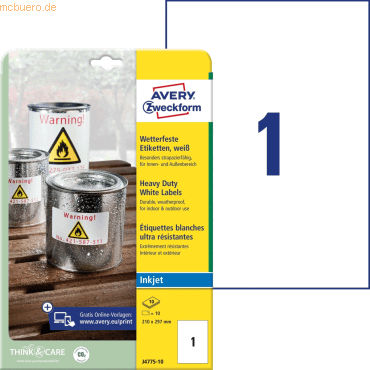 Avery Zweckform Etiketten Inkjet 210x297mm wetterfest VE=10 Stück weiß von Avery Zweckform