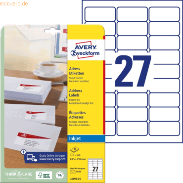 Avery Zweckform Etiketten Inkjet 63.5x29.6mm spezialbeschichtet weiß V Avery Zweckform Etiketten Inkjet 63.5x29.6mm spezialbeschichtet weiß V von Avery Zweckform