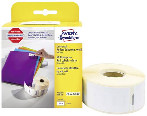 Avery-Zweckform Etiketten Rolle Kompatibel ersetzt DYMO 11355, S0722550 19 x 51mm Papier Weiß 500 S von Avery-Zweckform