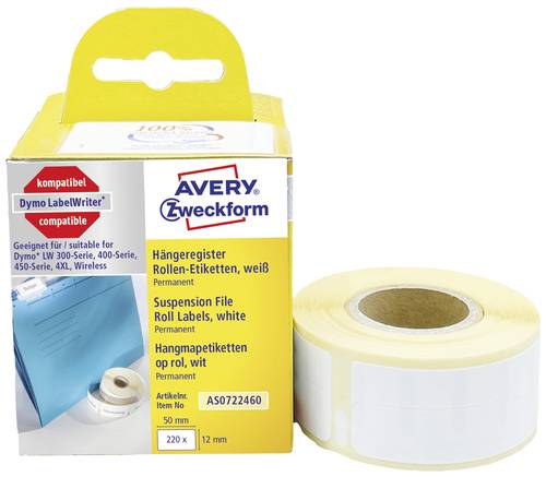 Avery-Zweckform Etiketten Rolle Kompatibel ersetzt DYMO 99017, S0722460 50 x 12mm Papier Weiß 220 S von Avery-Zweckform