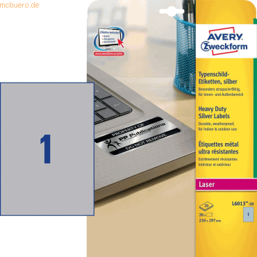 Avery Zweckform Etiketten Typenschild 210x297mm VE=20 Stück silber Avery Zweckform Etiketten Typenschild 210x297mm VE=20 Stück silber von Avery Zweckform