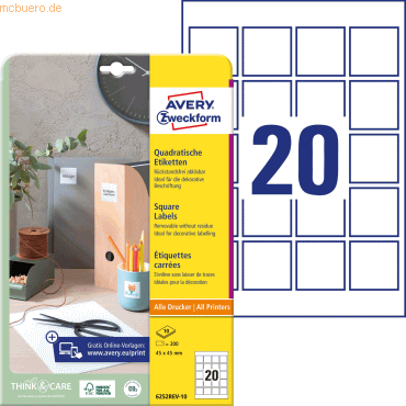Avery Zweckform Etiketten ablösbar A4 45x45mm 10 Bogen/200 Etiketten w Avery Zweckform Etiketten ablösbar A4 45x45mm 10 Bogen/200 Etiketten w von Avery Zweckform