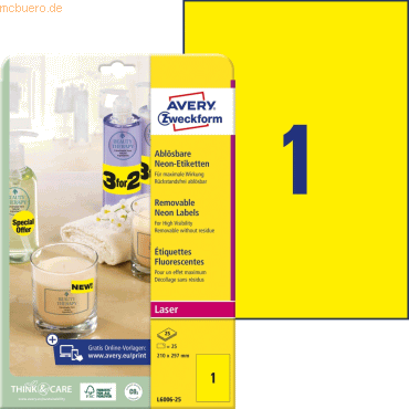 Avery Zweckform Etiketten neongelb 210x297mm VE=25 Stück Avery Zweckform Etiketten neongelb 210x297mm VE=25 Stück von Avery Zweckform