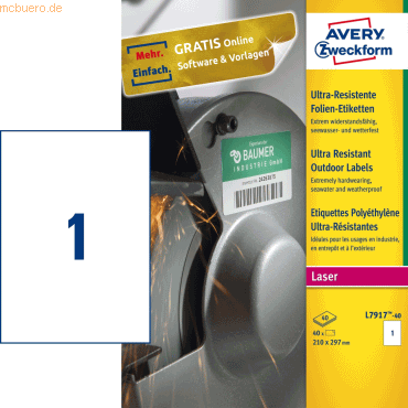 Avery Zweckform Etiketten ultraresistent 210 x 297mm weiß VE=40 Stück Avery Zweckform Etiketten ultraresistent 210 x 297mm weiß VE=40 Stück von Avery Zweckform