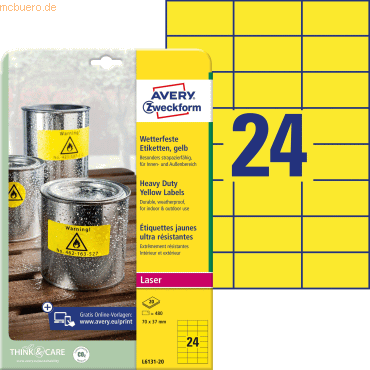 Avery Zweckform Etiketten wetterfest Polyester gelb 70x37mm VE=480 Stü von Avery Zweckform