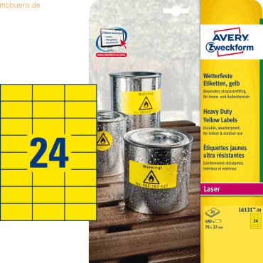 Avery Zweckform Etiketten wetterfest Polyester gelb 70x37mm VE=480 Stü Avery Zweckform Etiketten wetterfest Polyester gelb 70x37mm VE=480 Stü von Avery Zweckform