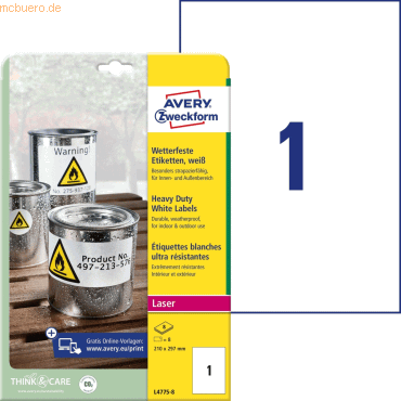 Avery Zweckform Etiketten wetterfest Polyester weiß 210x297mm VE=8 Eti Avery Zweckform Etiketten wetterfest Polyester weiß 210x297mm VE=8 Eti von Avery Zweckform