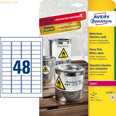 Avery Zweckform Etiketten wetterfest Polyester weiß 45,7x21,2mm VE=384 Avery Zweckform Etiketten wetterfest Polyester weiß 45,7x21,2mm VE=384 von Avery Zweckform