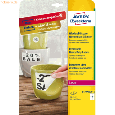 Avery Zweckform Etiketten wetterfest Polyester weiß 99,1x139mm VE=32 E Avery Zweckform Etiketten wetterfest Polyester weiß 99,1x139mm VE=32 E von Avery Zweckform