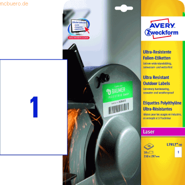 Avery Zweckform Folien-Etiketten ultra-resistent 210x297mm VE=10 Bogen Avery Zweckform Folien-Etiketten ultra-resistent 210x297mm VE=10 Bogen von Avery Zweckform