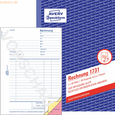 Avery Zweckform Formularbuch Rechnung A5 hoch selbstdurchschreibend VE von Avery Zweckform