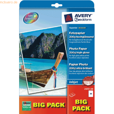 Avery Zweckform Fotopapier Inkjet A4 200g/qm hochglänzend VE=50 Blatt Avery Zweckform Fotopapier Inkjet A4 200g/qm hochglänzend VE=50 Blatt von Avery Zweckform