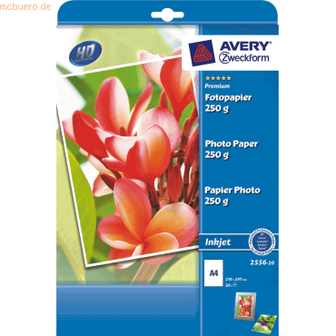 Avery Zweckform Fotopapier Premium A4 250g/qm hochglänzend VE=20 Stück Avery Zweckform Fotopapier Premium A4 250g/qm hochglänzend VE=20 Stück von Avery Zweckform