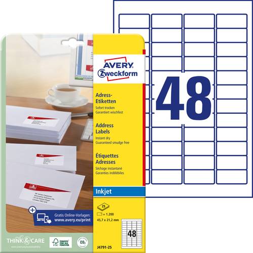 Avery-Zweckform J4791-25 Adress-Etiketten 45.7 x 21.2mm Papier Weiß 1200 St. Permanent haftend Tint von Avery-Zweckform