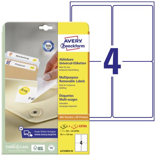 Avery-Zweckform L4733REV-25 Universal-Etiketten 99.1 x 139mm Papier Weiß 120 St. Wiederablösbar Ti von Avery-Zweckform