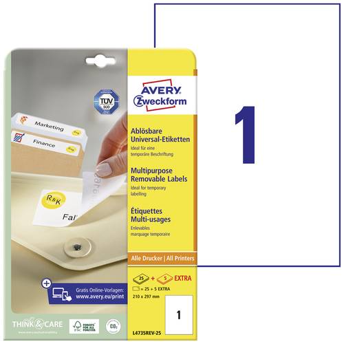 Avery-Zweckform L4735REV-25 Universal-Etiketten 210 x 297mm Papier Weiß 30 St. Wiederablösbar Tint von Avery-Zweckform