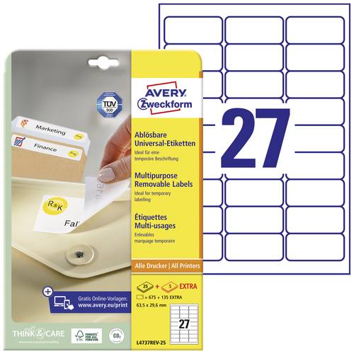 Avery-Zweckform L4737REV-25 Universal-Etiketten 63.5 x 29.6mm Papier Weiß 810 St. Wiederablösbar T von Avery-Zweckform