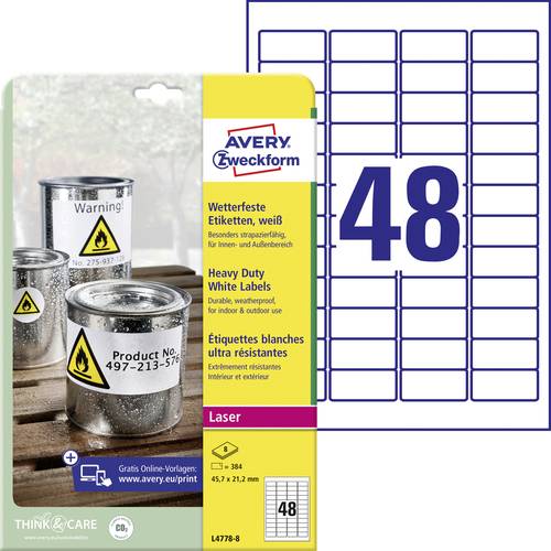 Avery-Zweckform L4778-8 Folien-Etiketten 45.7 x 21.2mm Polyester-Folie Weiß 384 St. Permanent hafte von Avery-Zweckform