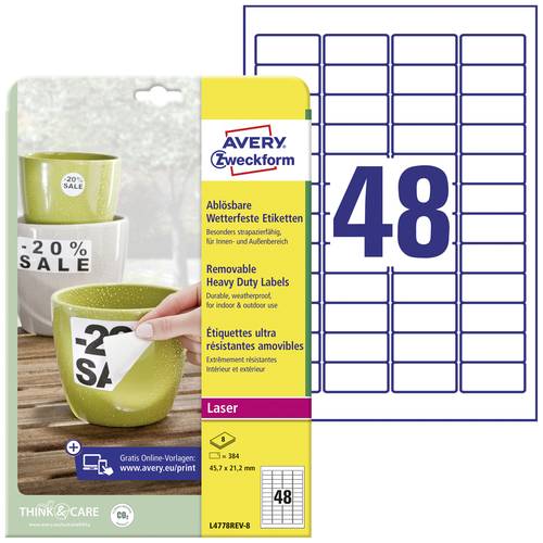 Avery-Zweckform L4778REV-8 Folien-Etiketten 45.7 x 21.2mm Polyester-Folie Weiß 384 St. Wiederablös Avery-Zweckform L4778REV-8 Folien-Etiketten 45.7 x 21.2mm Polyester-Folie Weiß 384 St. Wiederablös von Avery-Zweckform