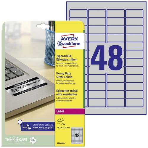 Avery-Zweckform L6009-8 Typenschild-Etiketten 45.7 x 21.2mm Polyester-Folie Silber 384 St. Permanent von Avery-Zweckform