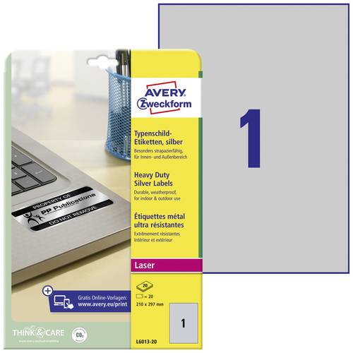 Avery-Zweckform L6013-20 Typenschild-Etiketten 210 x 297mm Polyester-Folie Silber 20 St. Permanent h Avery-Zweckform L6013-20 Typenschild-Etiketten 210 x 297mm Polyester-Folie Silber 20 St. Permanent h von Avery-Zweckform