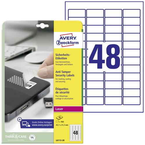 Avery-Zweckform L6113-20 Sicherheits-Etiketten 45.7 x 21.2mm Polyester-Folie Weiß 960 St. Permanent von Avery-Zweckform