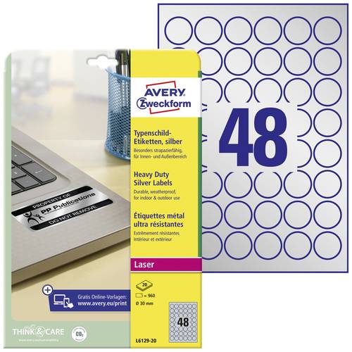 Avery-Zweckform L6129-20 Typenschild-Etiketten Ø 30mm Polyester-Folie Silber 960 St. Permanent haft von Avery-Zweckform