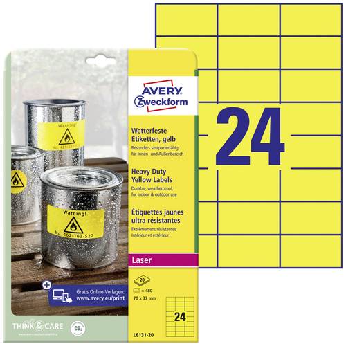 Avery-Zweckform L6131-20 Folien-Etiketten 70 x 37mm Polyester-Folie Gelb 480 St. Permanent haftend F von Avery-Zweckform