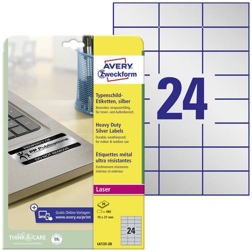 Avery-Zweckform L6133-20 Typenschild-Etiketten 70 x 37mm Polyester-Folie Silber 480 St. Permanent ha von Avery-Zweckform