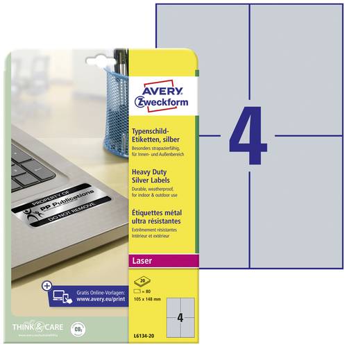 Avery-Zweckform L6134-20 Typenschild-Etiketten 105 x 148mm Polyester-Folie Silber 80 St. Permanent h von Avery-Zweckform