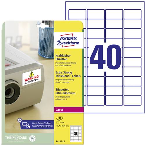 Avery-Zweckform L6140-20 Kraftkleber-Etiketten 45.7 x 25.4mm Polyester-Folie Weiß 800 St. Permanent von Avery-Zweckform