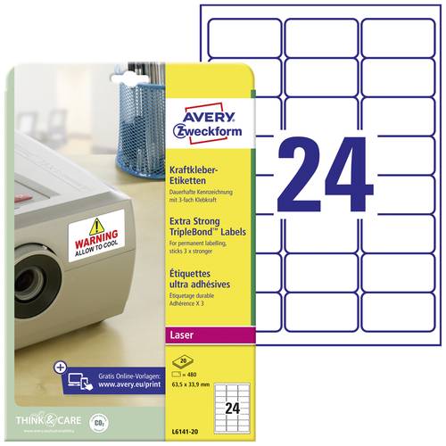 Avery-Zweckform L6141-20 Kraftkleber-Etiketten 63.5 x 33.9mm Polyester-Folie Weiß 480 St. Permanent von Avery-Zweckform