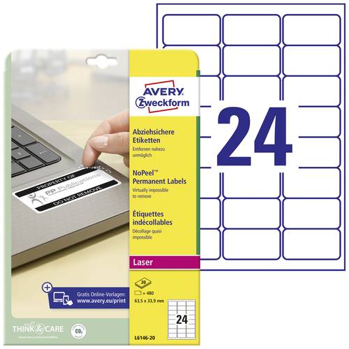 Avery-Zweckform L6146-20 Sicherheits-Etiketten 63.5 x 33.9mm Polyester-Folie Weiß 480 St. Permanent von Avery-Zweckform