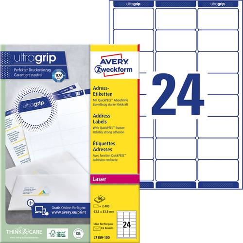 Avery-Zweckform L7159-100 Adress-Etiketten 63.5 x 33.9mm Papier Weiß 2400 St. Permanent haftend Tin von Avery-Zweckform