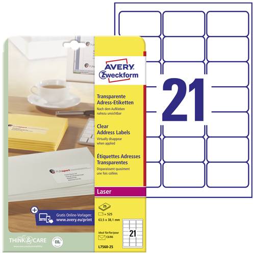 Avery-Zweckform L7560-25 Adress-Etiketten 63.5 x 38.1mm Polyester-Folie Transparent 525 St. Permanen von Avery-Zweckform