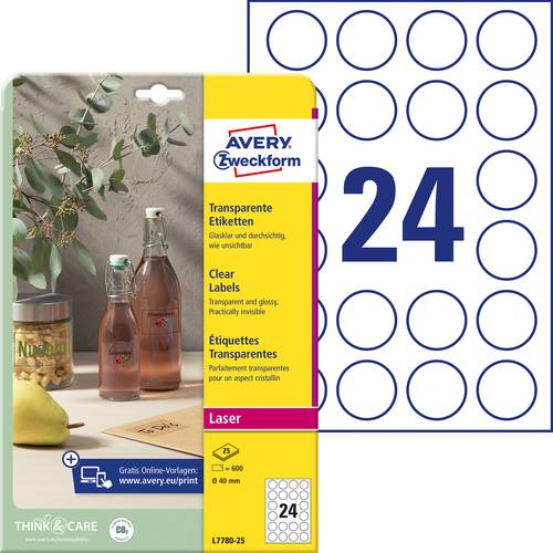 Avery-Zweckform L7780-25 Folien-Etiketten Ø 40mm Polyester-Folie Transparent 600 St. Permanent haft von Avery-Zweckform