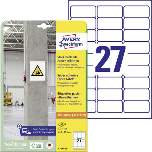 Avery-Zweckform L7874-20 Kraftkleber-Etiketten 63.5 x 29.6mm Papier Weiß 540 St. Permanent haftend, von Avery-Zweckform