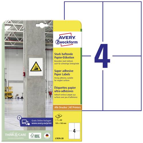 Avery-Zweckform L7876-20 Kraftkleber-Etiketten 105 x 148mm Papier Weiß 80 St. Permanent haftend, St von Avery-Zweckform