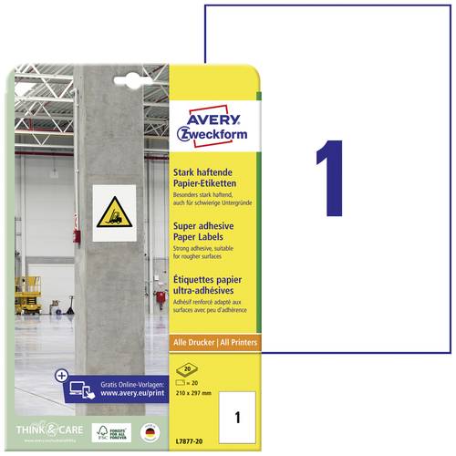 Avery-Zweckform L7877-20 Kraftkleber-Etiketten 210 x 297mm Papier Weiß 20 St. Permanent haftend, St von Avery-Zweckform