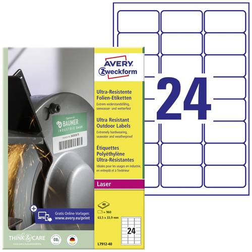 Avery-Zweckform L7912-40 Universal-Etiketten 63.5 x 33.9mm Polyethylenfolie Weiß 960 St. Permanent von Avery-Zweckform