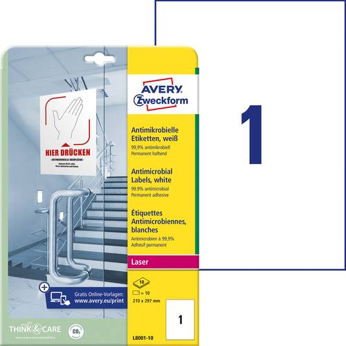 Avery-Zweckform L8001-10 Antimikrobielle Etiketten 210 x 297mm Polyester-Folie Weiß 10 St. Permanen von Avery-Zweckform