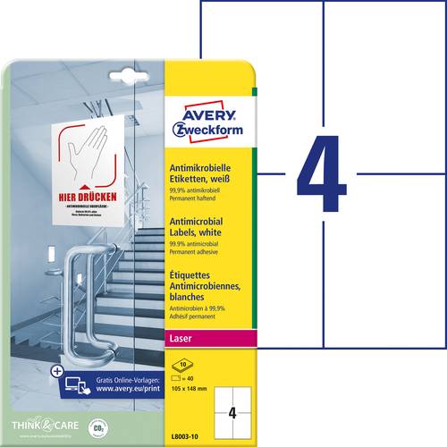 Avery-Zweckform L8003-10 Antimikrobielle Etiketten 105 x 148mm Polyester-Folie Weiß 40 St. Permanen Avery-Zweckform L8003-10 Antimikrobielle Etiketten 105 x 148mm Polyester-Folie Weiß 40 St. Permanen von Avery-Zweckform