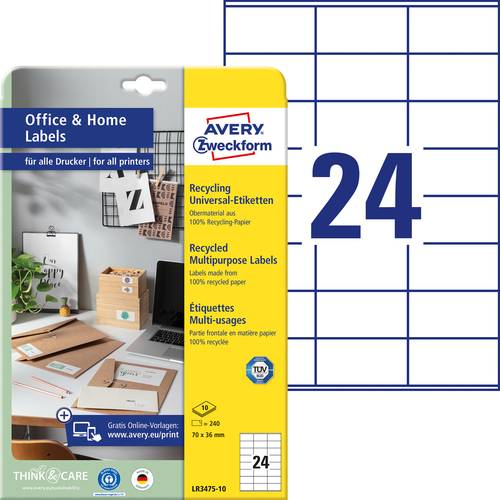 Avery-Zweckform LR3475-10 Universal-Etiketten 70 x 36mm Recycling-Papier Weiß 240 St. Permanent haf von Avery-Zweckform