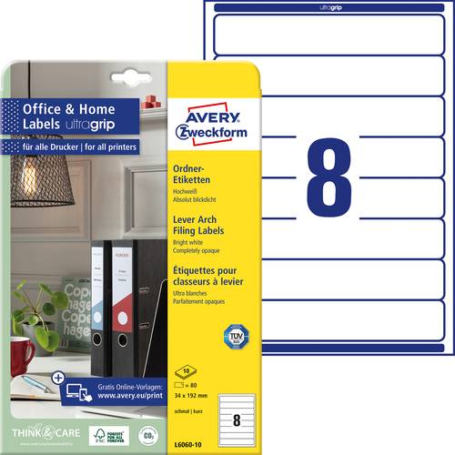 Avery-Zweckform Ordner-Etiketten L6060-10 34 x 192mm Papier Weiß Permanent haftend 80St. von Avery-Zweckform