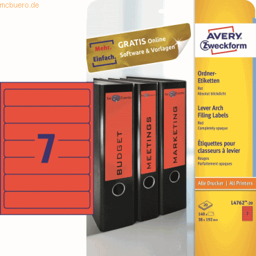 Avery Zweckform Ordnerrückenschilder 192x38mm selbstklebend rot VE=140 Avery Zweckform Ordnerrückenschilder 192x38mm selbstklebend rot VE=140 von Avery Zweckform