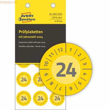 Avery Zweckform Prüfplaketten 2024 20mm VE=120 Etiketten gelb von Avery Zweckform